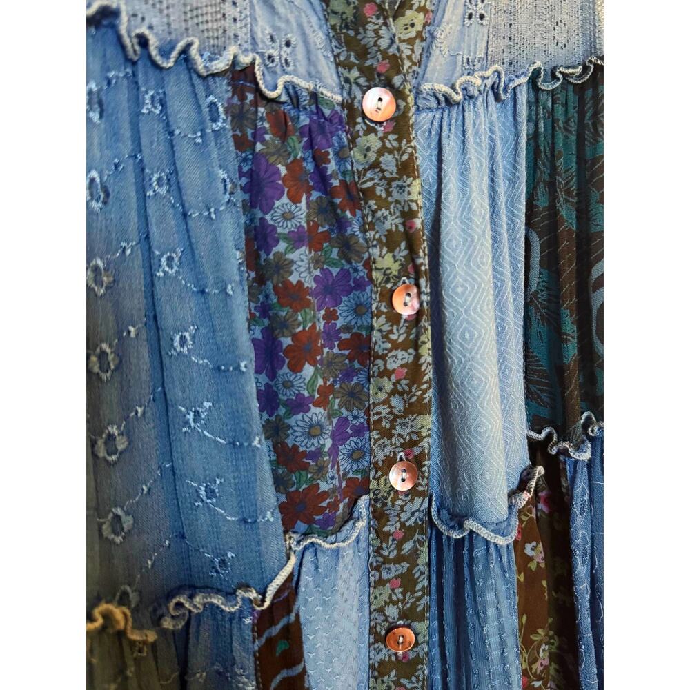 Boho Western Festival Floral Patchwork Tank Top NEW Sleeveless Indigo Blue Large - Picture 6 of 8